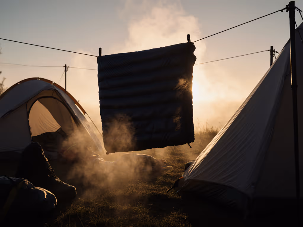 hiker_drying_sleeping_bag_on_tent_lines_at_dawn